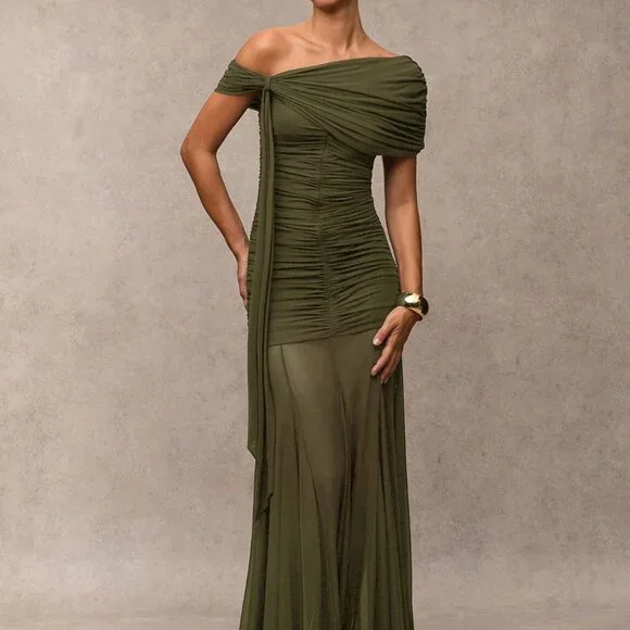 Army Green Elegant Women's Ruched Asymmetric Dress - Picture 5 of 8